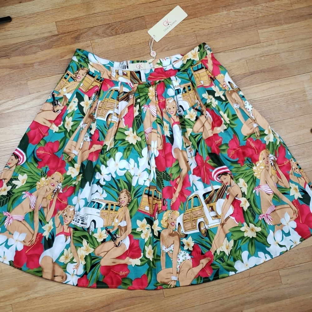 Grace Karin pleated Hawaiian printed skirt
